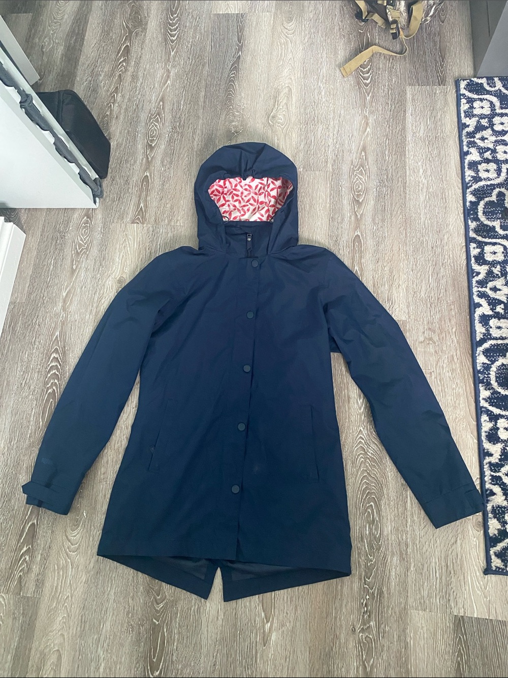 Women’s Navy Hooded Raincoat with Patterned Lining